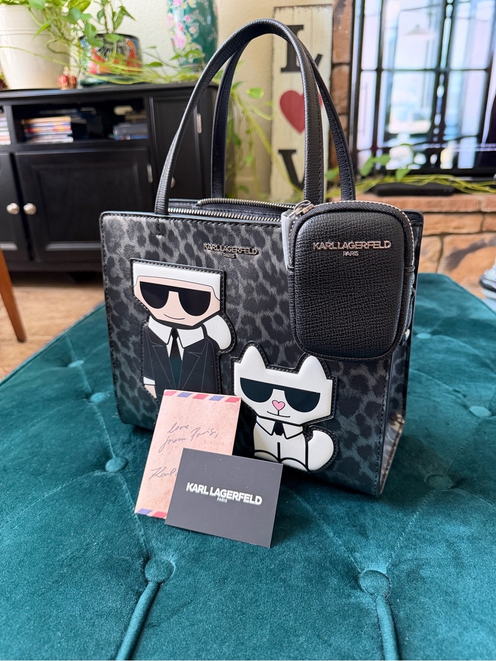 Karl Lagerfeld Black Leopard-Print Maybelle Satchel